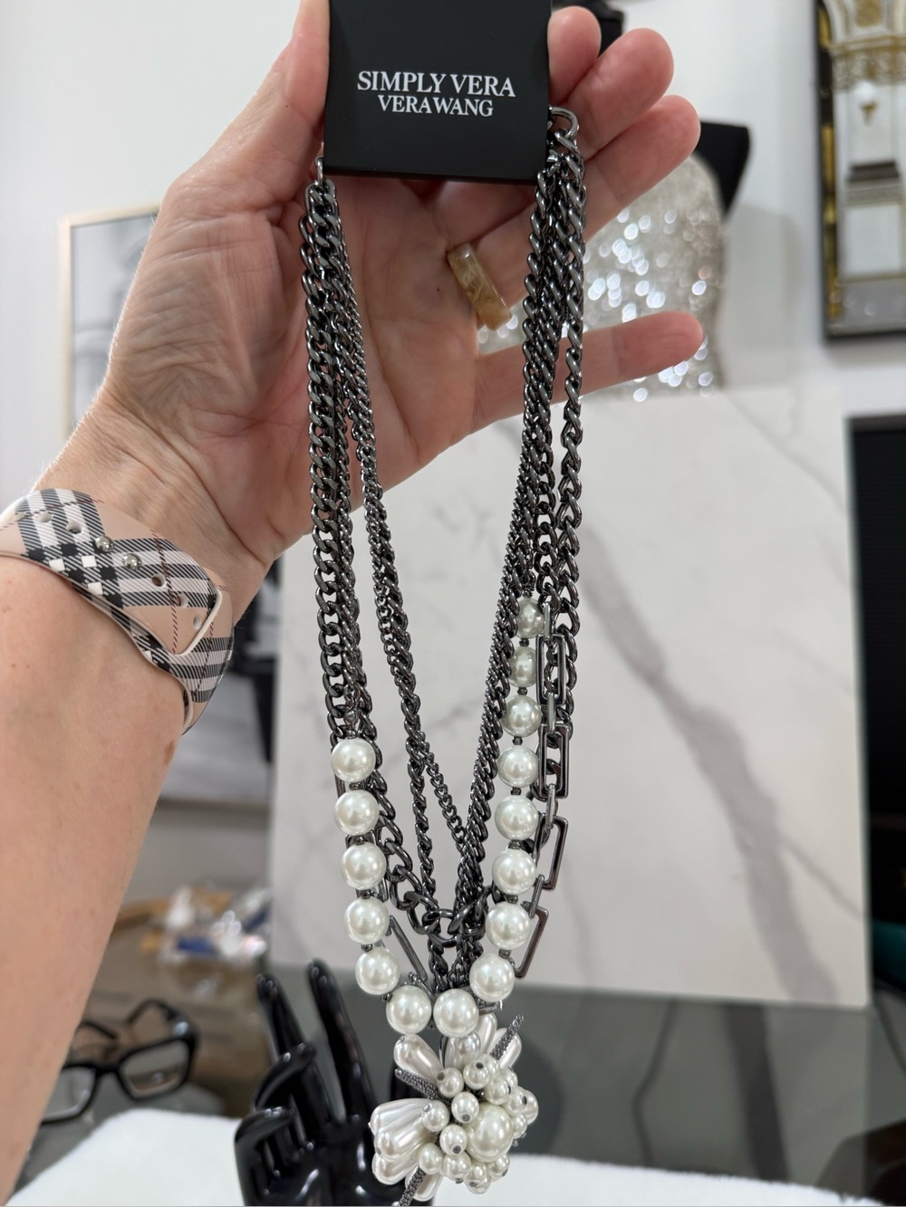 Simply Vera Vera Wang Gunmetal & White Pearl Multi-Chain Necklace